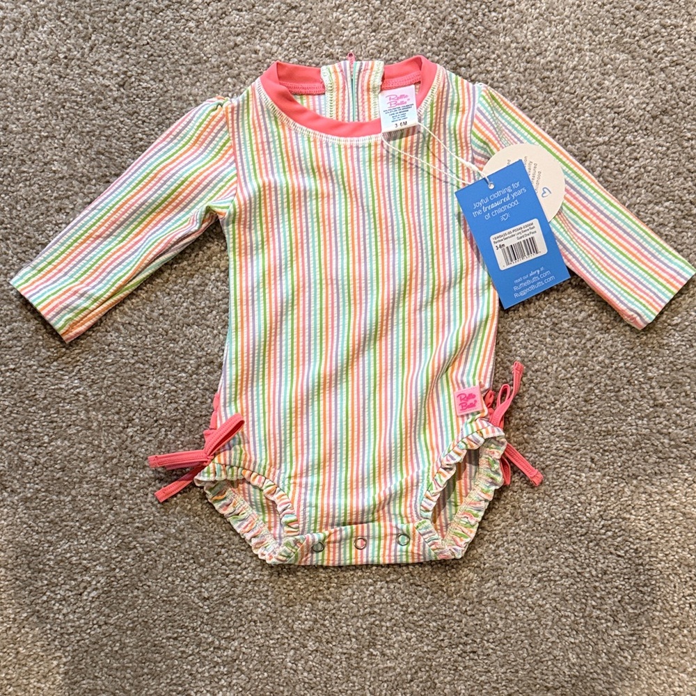 Ruffle Stripe Long Sleeve Infant Swimsuit - Pink Trim
